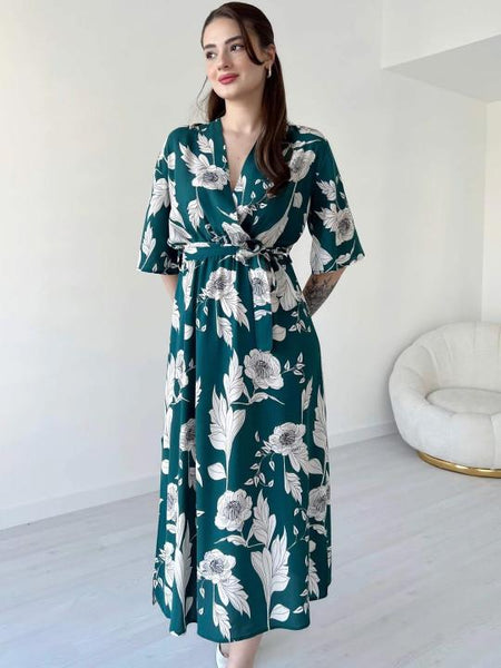 Floral Print Kimono Sleeve Fit & Flare Midi Dress For Women, Indian Dress, Indo Western Outfit VitansEthnics