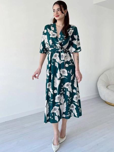 Floral Print Kimono Sleeve Fit & Flare Midi Dress For Women, Indian Dress, Indo Western Outfit VitansEthnics
