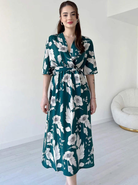 Floral Print Kimono Sleeve Fit & Flare Midi Dress For Women, Indian Dress, Indo Western Outfit VitansEthnics