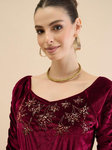 Embellished Velvet A-Line Midi Dress For Women, Indian Dress For Women, Indo Western Outfit VitansEthnics