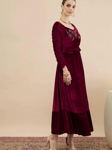 Embellished Velvet A-Line Midi Dress For Women, Indian Dress For Women, Indo Western Outfit VitansEthnics