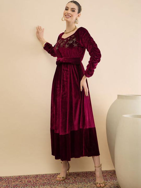 Embellished Velvet A-Line Midi Dress For Women, Indian Dress For Women, Indo Western Outfit VitansEthnics