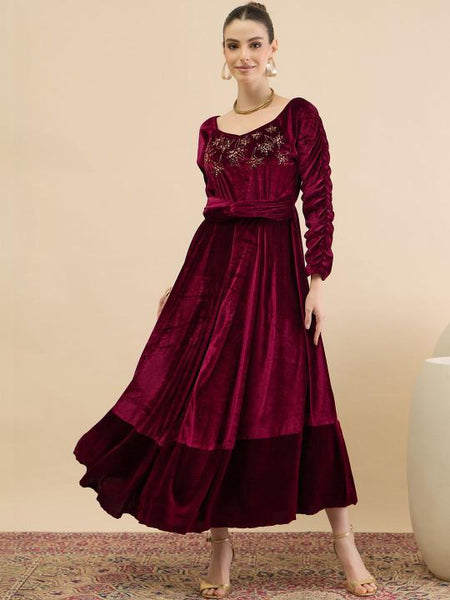 Embellished Velvet A-Line Midi Dress For Women, Indian Dress For Women, Indo Western Outfit VitansEthnics