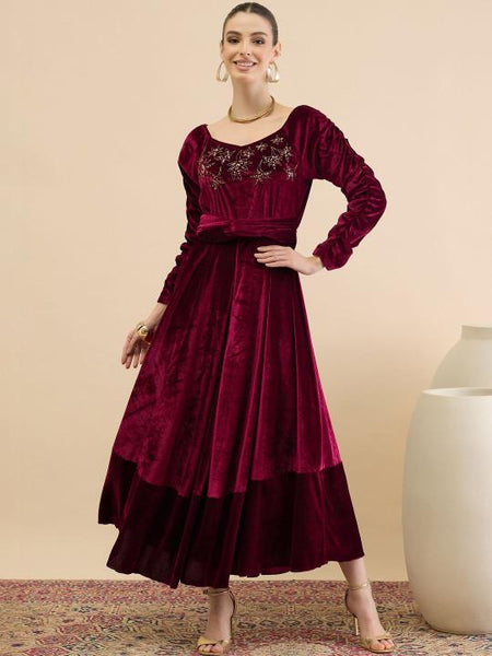 Embellished Velvet A-Line Midi Dress For Women, Indian Dress For Women, Indo Western Outfit VitansEthnics