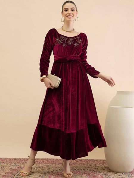Embellished Velvet A-Line Midi Dress For Women, Indian Dress For Women, Indo Western Outfit VitansEthnics
