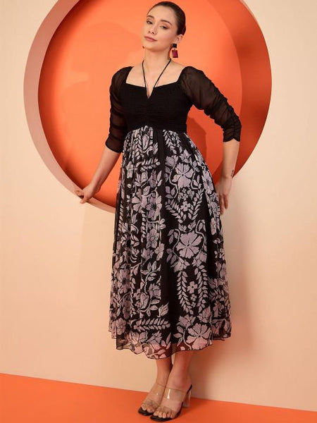 Floral Chiffon Fit & Flare Smocked Midi Dress For Women, Indian Dress For Women, Indo Western Outfit VitansEthnics
