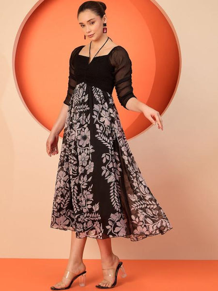 Floral Chiffon Fit & Flare Smocked Midi Dress For Women, Indian Dress For Women, Indo Western Outfit VitansEthnics