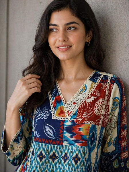 Indian Multicolor Patchwork Print Cotton Co-Ord Set with Kurta & Trousers, Indo Western Outfit Set For Women, Fusion Outfit Set VitansEthnics