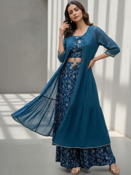 Bohemian Printed Top with Palazzos & Jacket Co-Ord Set, Indo Western Outfit Set For Women, Fusion Outfit Set VitansEthnics