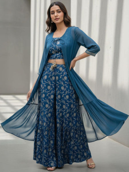 Bohemian Printed Top with Palazzos & Jacket Co-Ord Set, Indo Western Outfit Set For Women, Fusion Outfit Set VitansEthnics