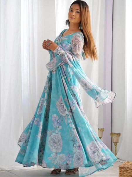 Floral Print Flared Sleeve Ruffled Georgette A-Line Maxi Dress For Women, Indian Dress, Indo Western Outfit VitansEthnics