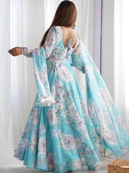 Floral Print Flared Sleeve Ruffled Georgette A-Line Maxi Dress For Women, Indian Dress, Indo Western Outfit VitansEthnics