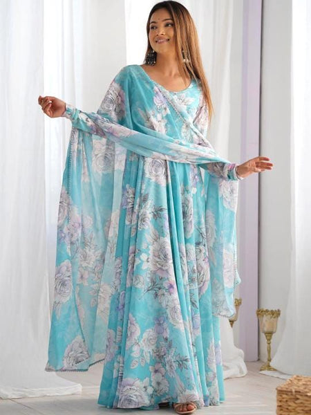 Floral Print Flared Sleeve Ruffled Georgette A-Line Maxi Dress For Women, Indian Dress, Indo Western Outfit VitansEthnics