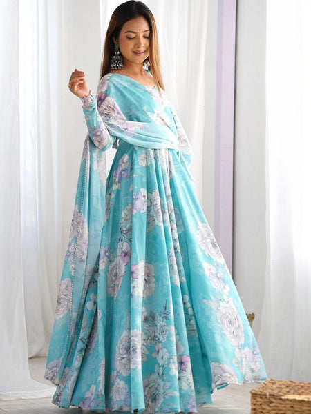 Floral Print Flared Sleeve Ruffled Georgette A-Line Maxi Dress For Women, Indian Dress, Indo Western Outfit VitansEthnics