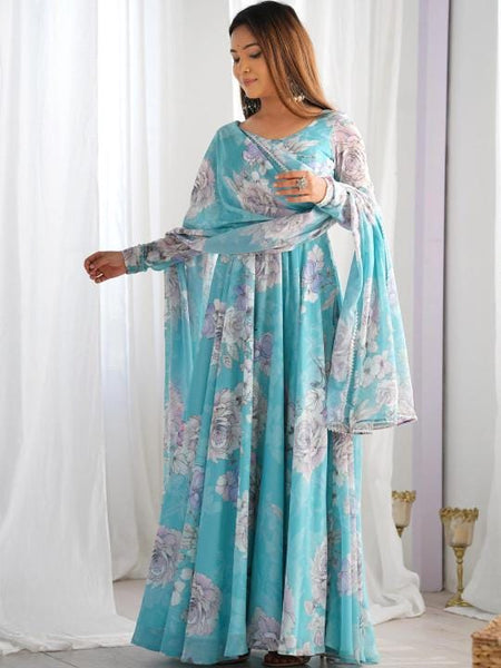 Floral Print Flared Sleeve Ruffled Georgette A-Line Maxi Dress For Women, Indian Dress, Indo Western Outfit VitansEthnics