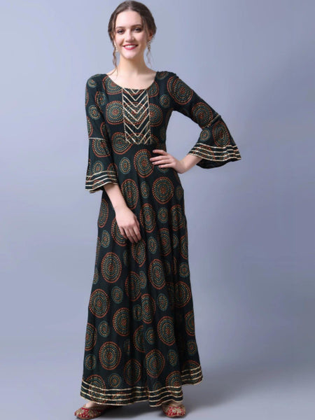 Printed Bell Sleeves Maxi Dress For Women, Indian Dress, Indo Western Outfit VitansEthnics