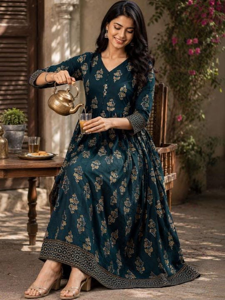 Floral Print Maxi Dress For Women, Indian Fit and Flared Dress, Indo Western Outfit VitansEthnics