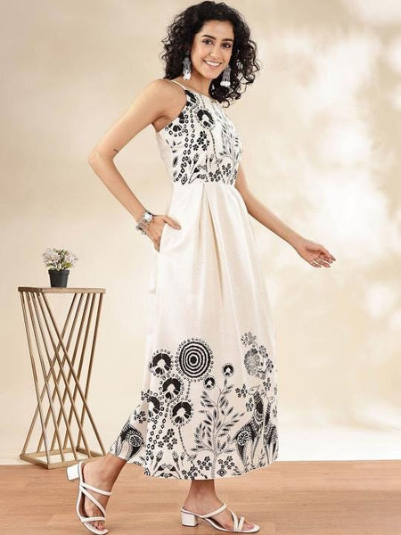 Ethnic Motifs Print Halter Neck A-Line Maxi Dress For Women, Indian Dress, Indo Western Outfit VitansEthnics