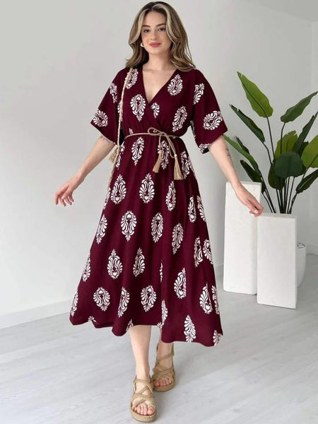 Ethnic Motifs Printed Fit & Flare Midi Dress For Women, Indian Dress, Indo Western Outfit VitansEthnics