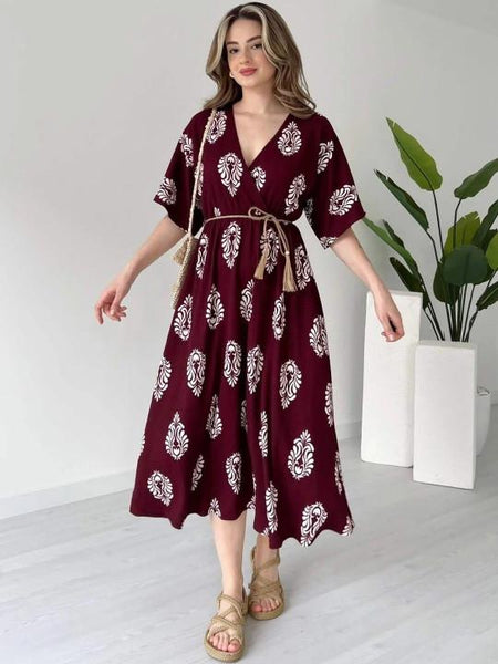 Ethnic Motifs Printed Fit & Flare Midi Dress For Women, Indian Dress, Indo Western Outfit VitansEthnics