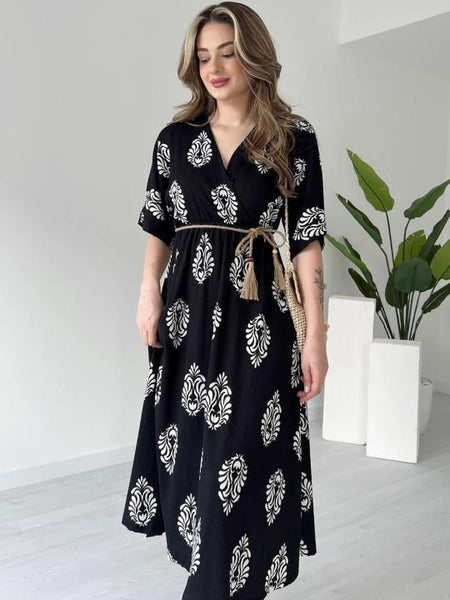 Ethnic Motifs Printed Fit & Flare Midi Dress For Women, Indian Dress, Indo Western Outfit VitansEthnics
