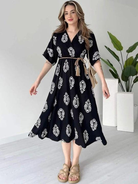 Ethnic Motifs Printed Fit & Flare Midi Dress For Women, Indian Dress, Indo Western Outfit VitansEthnics