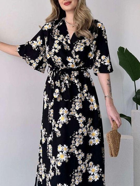 Floral Print Kimono Sleeve Fit & Flare Midi Dress For Women, Indian Dress, Indo Western Outfit VitansEthnics