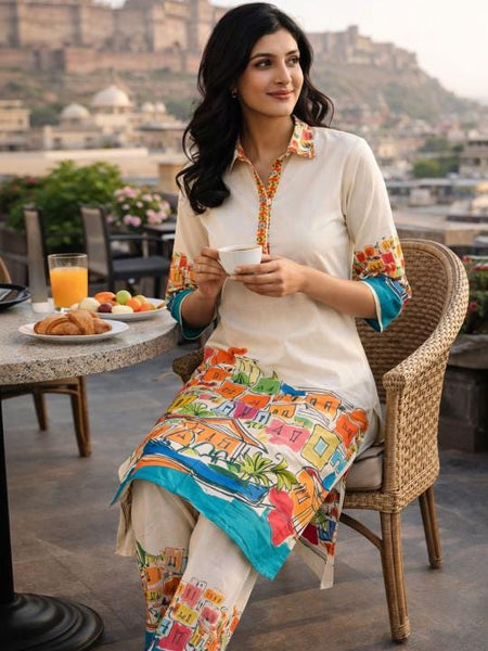 Women Printed Cotton Blend Kurta with Trousers Co-ord Set, Indo Western Outfit Set For Women, Fusion Outfit Set VitansEthnics