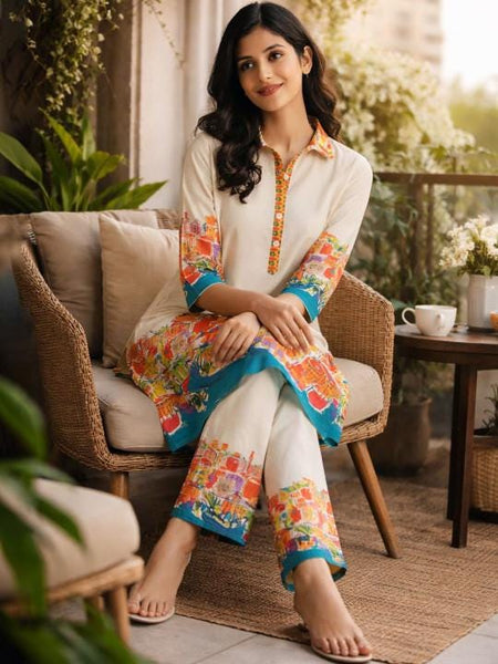 Women Printed Cotton Blend Kurta with Trousers Co-ord Set, Indo Western Outfit Set For Women, Fusion Outfit Set VitansEthnics