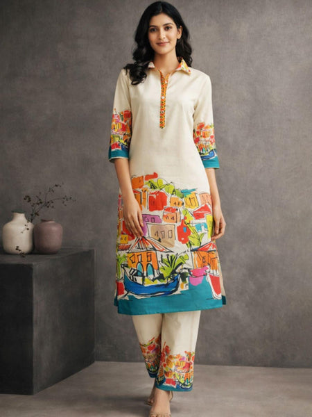 Women Printed Cotton Blend Kurta with Trousers Co-ord Set, Indo Western Outfit Set For Women, Fusion Outfit Set VitansEthnics