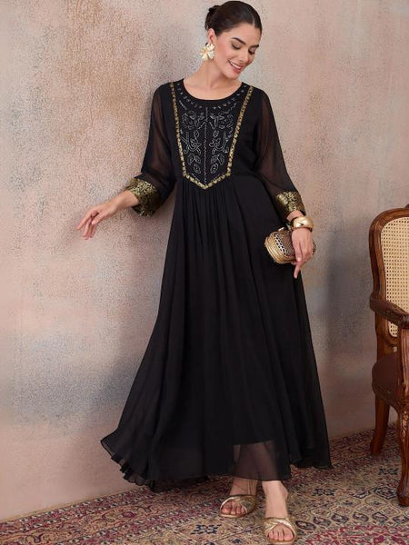 Embellished Chiffon A-Line Maxi Dress With Brocade Highlight For Women, Indian Dress For Women, Indo Western Outfit VitansEthnics