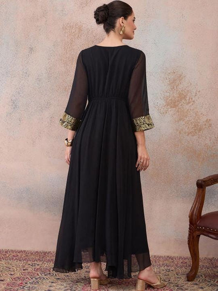 Embellished Chiffon A-Line Maxi Dress With Brocade Highlight For Women, Indian Dress For Women, Indo Western Outfit VitansEthnics