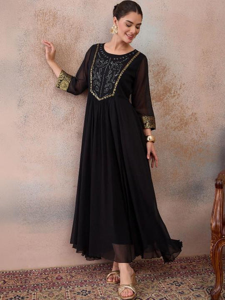 Embellished Chiffon A-Line Maxi Dress With Brocade Highlight For Women, Indian Dress For Women, Indo Western Outfit VitansEthnics