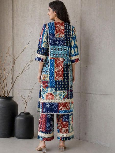 Indian Multicolor Patchwork Print Cotton Co-Ord Set with Kurta & Trousers, Indo Western Outfit Set For Women, Fusion Outfit Set VitansEthnics