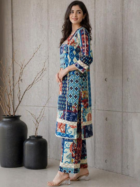 Indian Multicolor Patchwork Print Cotton Co-Ord Set with Kurta & Trousers, Indo Western Outfit Set For Women, Fusion Outfit Set VitansEthnics