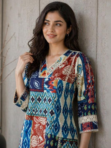 Indian Multicolor Patchwork Print Cotton Co-Ord Set with Kurta & Trousers, Indo Western Outfit Set For Women, Fusion Outfit Set VitansEthnics