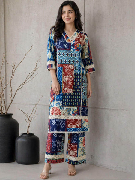 Indian Multicolor Patchwork Print Cotton Co-Ord Set with Kurta & Trousers, Indo Western Outfit Set For Women, Fusion Outfit Set VitansEthnics