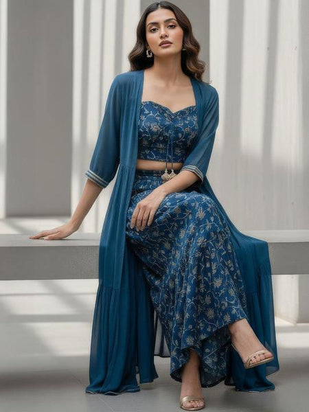 Bohemian Printed Top with Palazzos & Jacket Co-Ord Set, Indo Western Outfit Set For Women, Fusion Outfit Set VitansEthnics