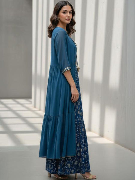 Bohemian Printed Top with Palazzos & Jacket Co-Ord Set, Indo Western Outfit Set For Women, Fusion Outfit Set VitansEthnics