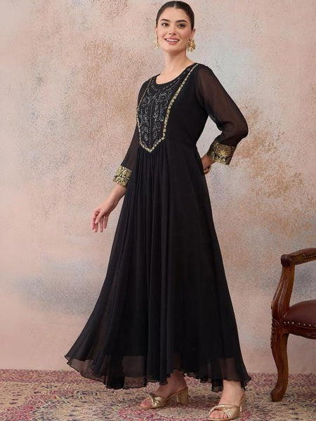 Embellished Chiffon A-Line Maxi Dress With Brocade Highlight For Women, Indian Dress For Women, Indo Western Outfit VitansEthnics
