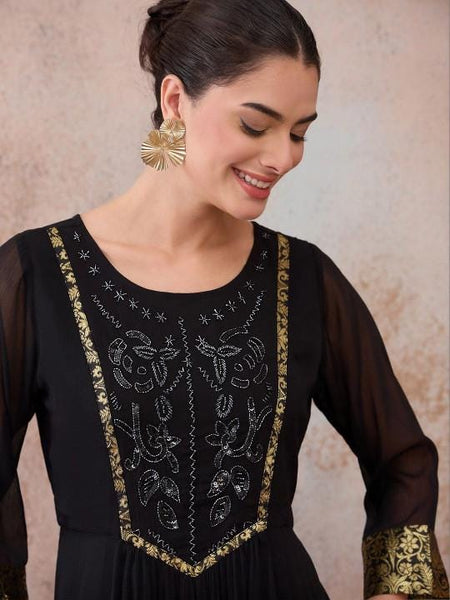 Embellished Chiffon A-Line Maxi Dress With Brocade Highlight For Women, Indian Dress For Women, Indo Western Outfit VitansEthnics