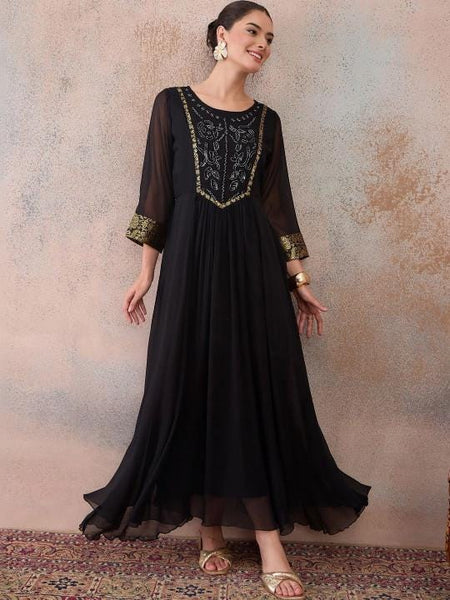 Embellished Chiffon A-Line Maxi Dress With Brocade Highlight For Women, Indian Dress For Women, Indo Western Outfit VitansEthnics