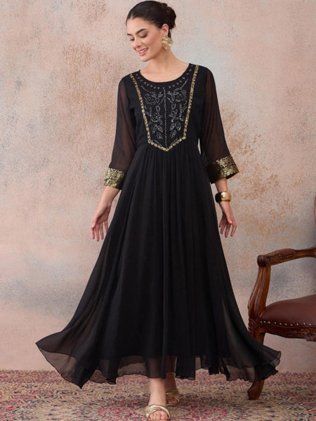 Embellished Chiffon A-Line Maxi Dress With Brocade Highlight For Women, Indian Dress For Women, Indo Western Outfit VitansEthnics