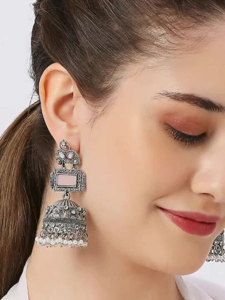 Beaded Dome-Shaped Oxidised Jhumka Drop Earrings VitansEthnics
