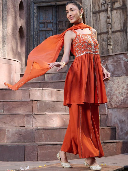 Women Embroidered Empire Mirror Work Kurti with Sharara & With Dupatta VitansEthnics