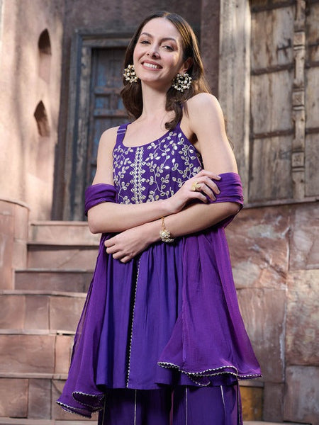 Women Ethnic Motifs Embroidered Empire Mirror Work Kurti with Sharara & With Dupatta VitansEthnics