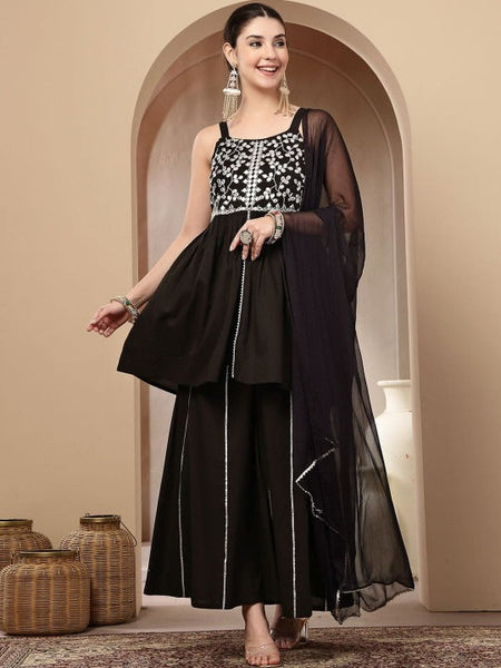 Women Ethnic Motifs Embroidered Regular Mirror Work Kurti with Palazzos & With Dupatta VitansEthnics