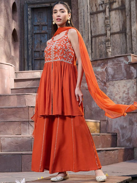 Women Embroidered Empire Mirror Work Kurti with Sharara & With Dupatta VitansEthnics