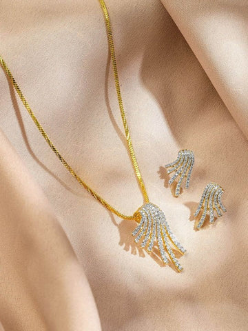 Women Gold-Plated Cubic Zirconia Studded Cascading Wave Design Pendant Necklace Set VitansEthnics