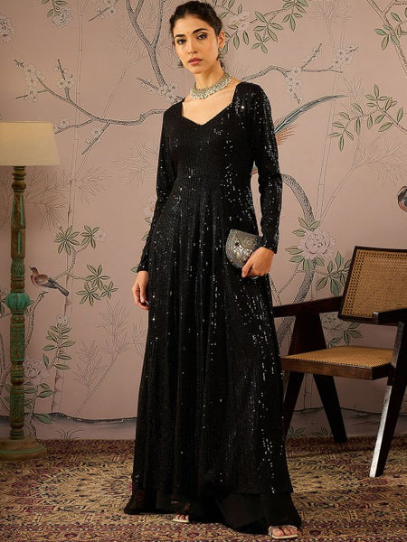 Long Sleeves Sequin Anarkali Kurta For Women, Indian Dress For Women, Indo Western Outfit, Indian Gown Dress For Women, Wedding Guest Outfit VitansEthnics